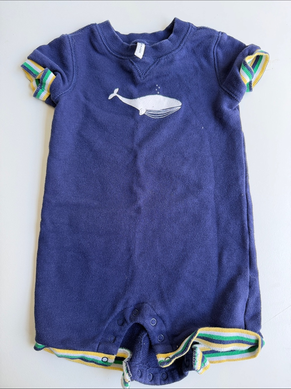 Janie and Jack Navy Short-Sleeve Whale One-Piece with Striped Trim